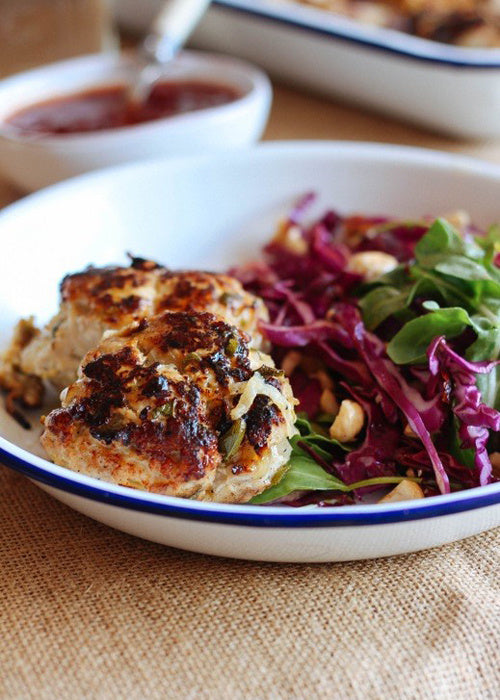 Pork and Apple Rissoles with Crunchy Red Cabbage Slaw & Burger Relish