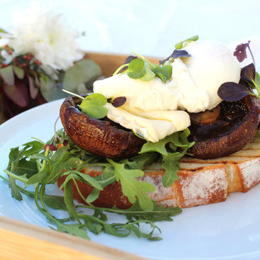 Caramelised Onion Relish Roasted Mushrooms with Brie, Chargrilled Sourdough and Poached Eggs