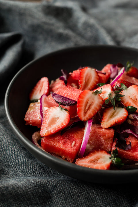 Watermelon, Strawberry, Feta, Red Onion and Purple Basil Salad