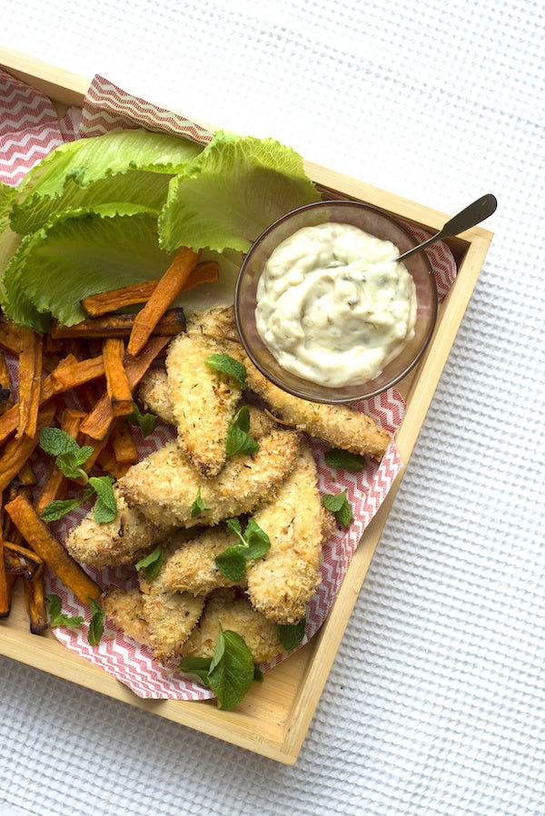 Crunchy Chicken Nuggets and Sweet Potato Chips with Tartare Sauce