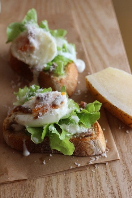 Bruschetta with Butter Lettuce, Boiled Egg, Anchovy and Creamy Parmesan Caesar Dressing