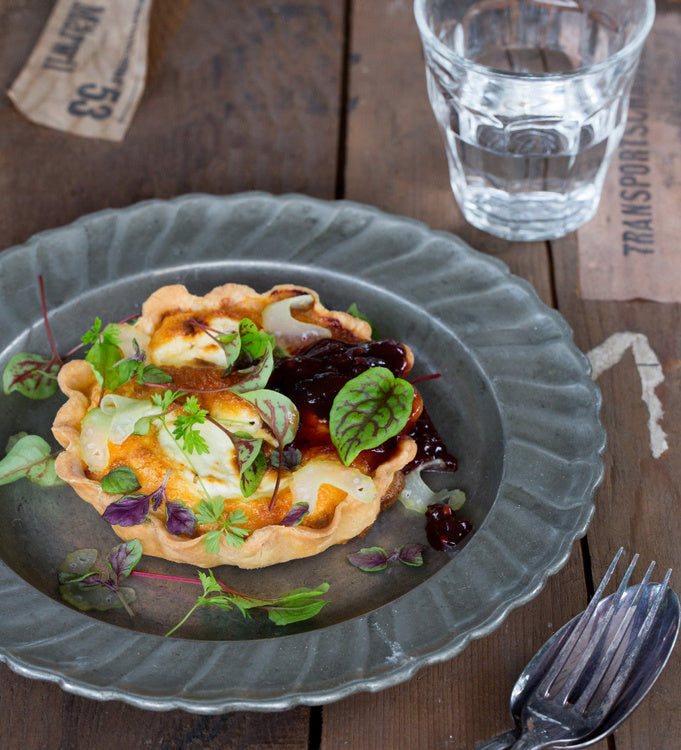 Goat Cheese Tart with Pickled Celery and Balsamic Beetroot Relish