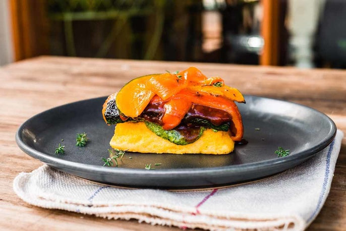 Vegan Polenta Stack with Pesto and Beerenberg Tomato & Cracked Pepper Relish