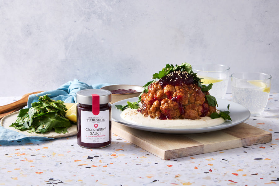 Cranberry Sauce Glazed Whole Roasted Cauliflower, with Tahini Yoghurt and Herb Salad