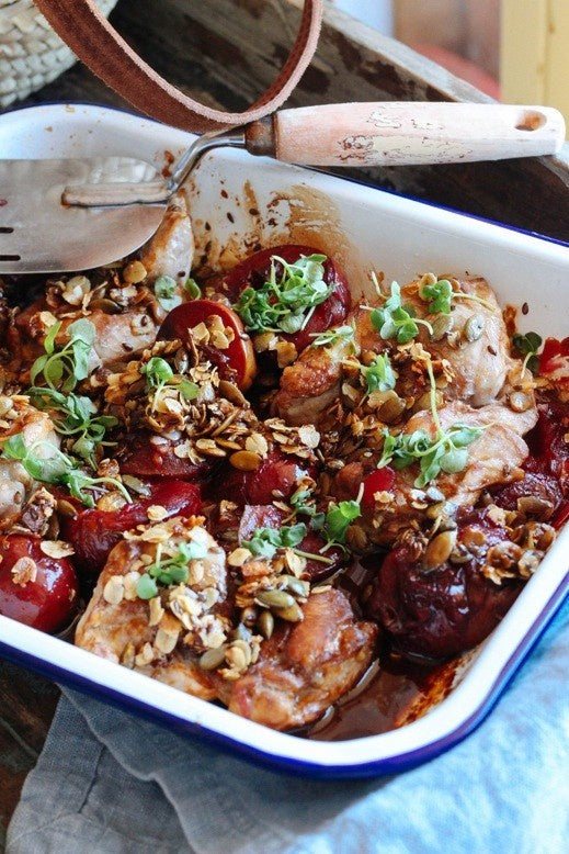 Chicken, Plum and Oat Crumble Bake
