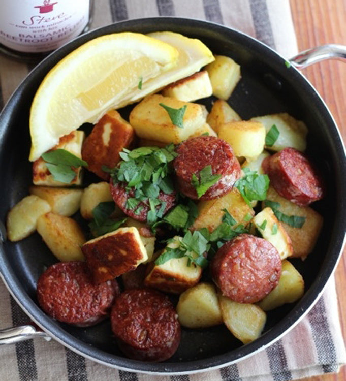Chorizo, Haloumi and Potato 'Hash' with Balsamic Beetroot Relish