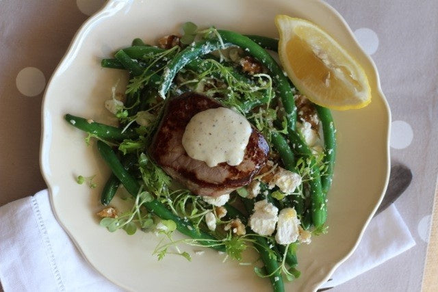 BBQ Steak with Peppercorn Sauce & a Green Bean and Feta Salad