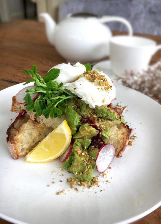 Smashed Avocado and Balsamic Beetroot with Poached Eggs and Dukkah