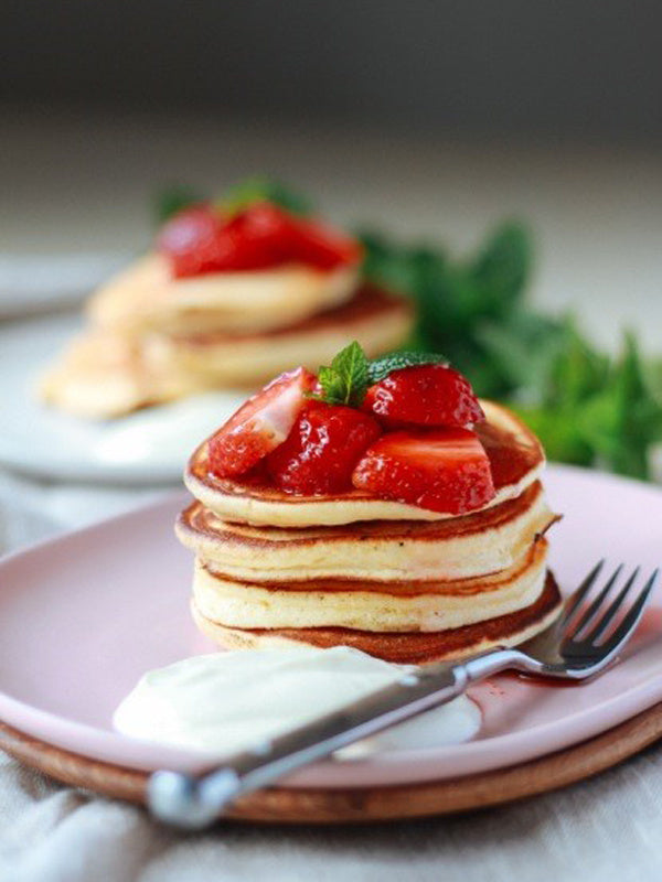 Yoghurt Hotcakes with Strawberries and Rosewater Cream