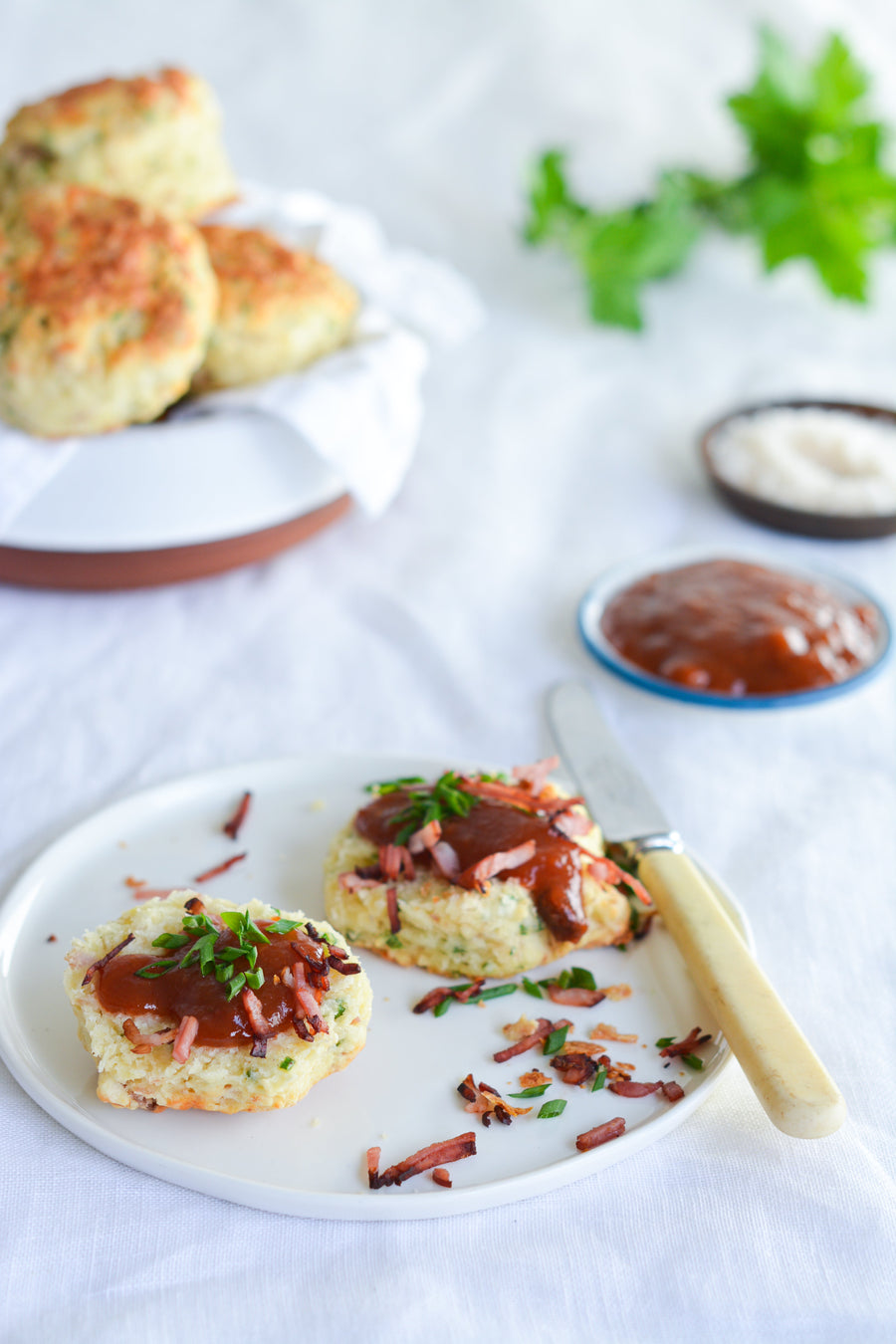 Ham Off The Bone, Cheese & Chive Scones with Tomato Chutney