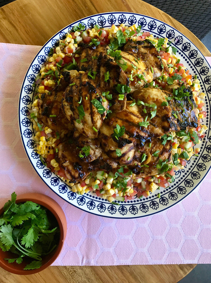 BBQ African Spice Taka Tala Chicken with Grilled Corn Salsa