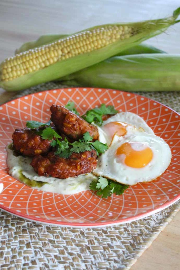 Mexican Corn Fritters with Fried Eggs and Spicy Green Tomato Dip