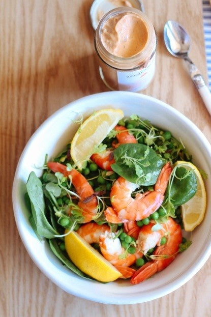 Creamy Seafood Sauce with Prawn, Mint and Pea Salad