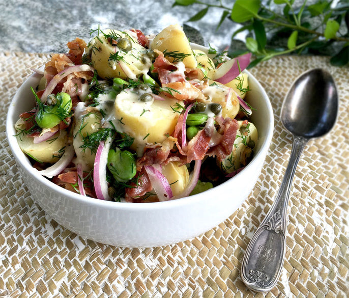 Potato Salad with Crispy Prosciuto, Capers & Ranch Dressing