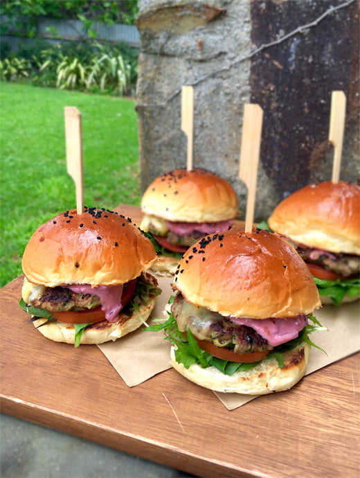 Beef Sliders with Cheddar Cheese and Balsamic Beetroot Yoghurt