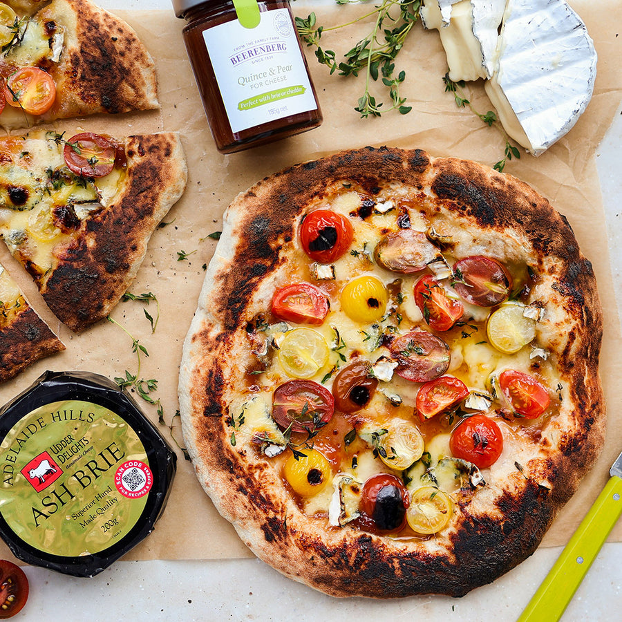 Pizza with Ash Brie, Cherry Tomatoes and Quince and Pear Paste