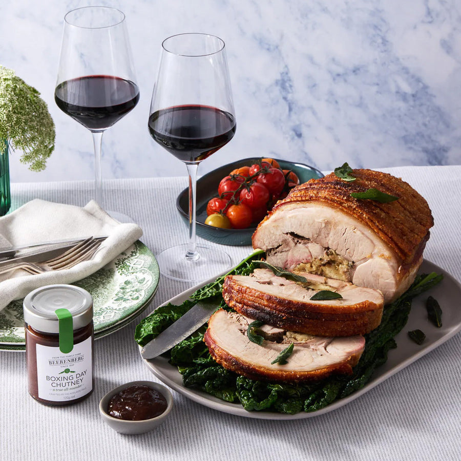 Roasted Pork Shoulder filled with Boxing Day Chutney Stuffing