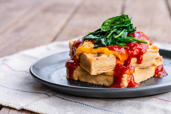 Savoury Vegan Waffles with Cheesy Bavarian Mustard Sauce and Tomato & Roast Garlic Relish