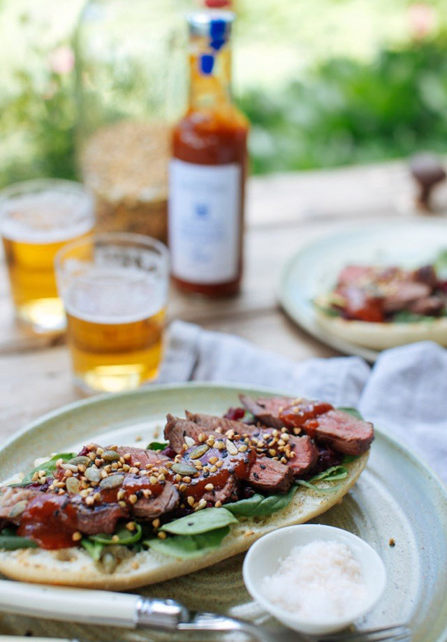 Open Steak Sandwich with Beetroot, Baby Spinach and Roadhouse Steak Sauce