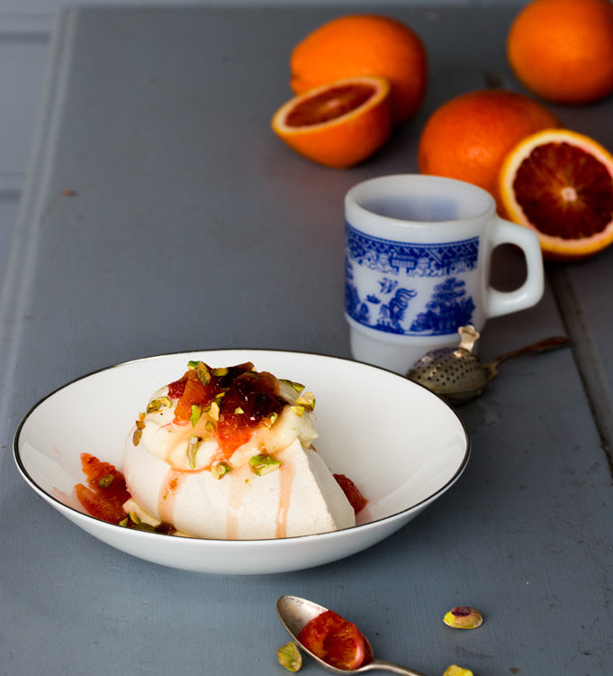 Pavlovas with Blood Orange, Pistachio and Strawberry & Rose Jam