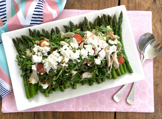 Poached Chicken Salad with Asparagus, Feta, and Honey Mustard Dressing