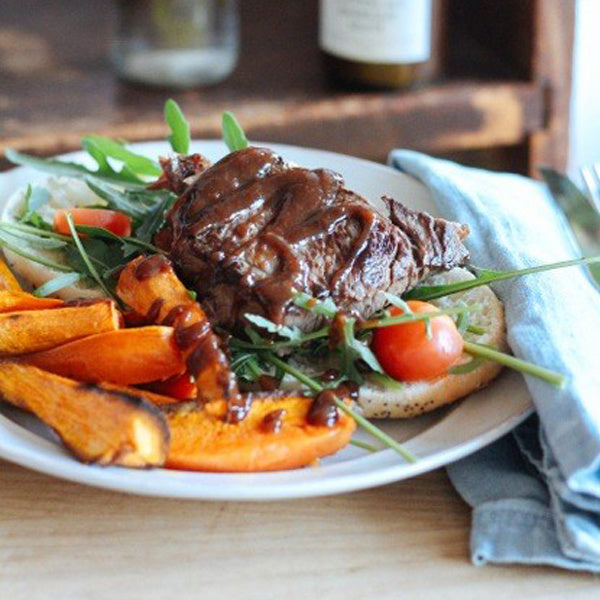 Open Steak Sandwich with Crunchy Sweet Potato Chips and Coopers Ale BBQ Sauce