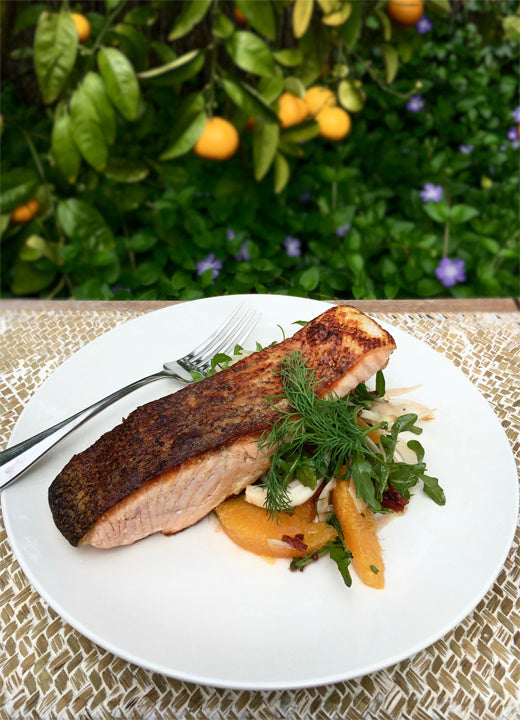 Salmon Fillet with Orange and Fennel Salad, and Balsamic Beetroot Dressing