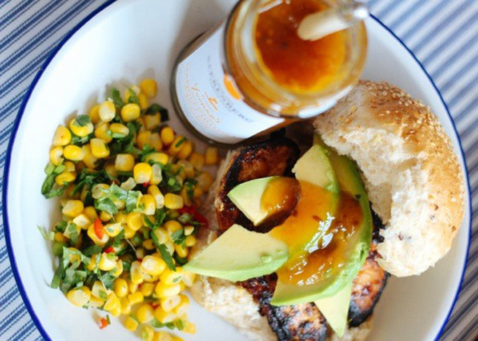 Spiced Chicken Burgers with Mango Chutney and Corn Salsa