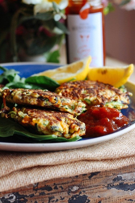Carrot and Zucchini Fritters with Chilli Sauce