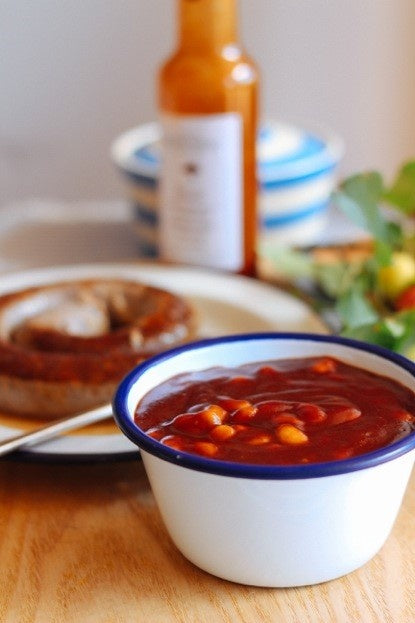 Coiled Sausages with Proper Baked Beans and Barbecue Sauce