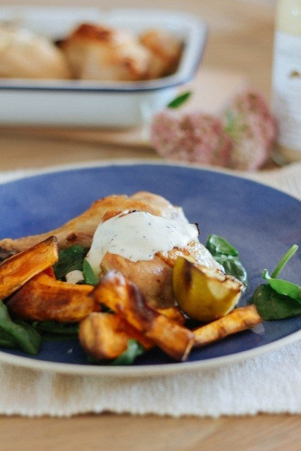 Chicken, Lime and Baby Spinach Salad with Sweet Potato Wedges and Ranch Dressing