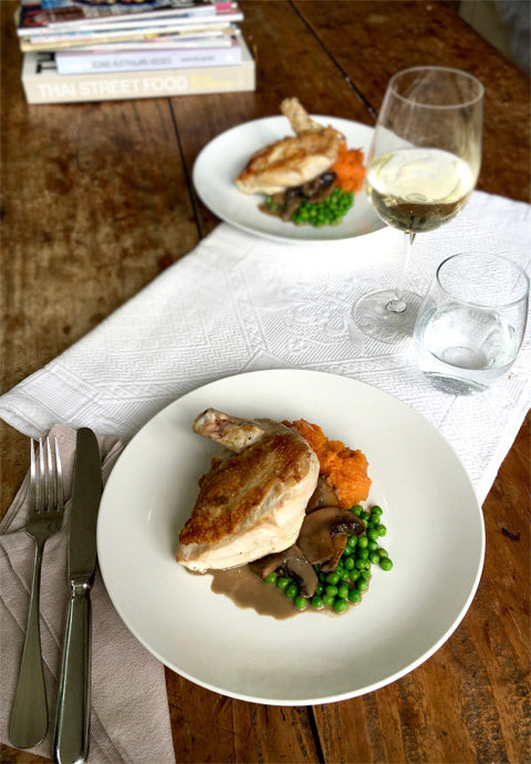 Pan-fried Chicken Breast with Sweet Potato Mash & Mushroom and Onion Sauce