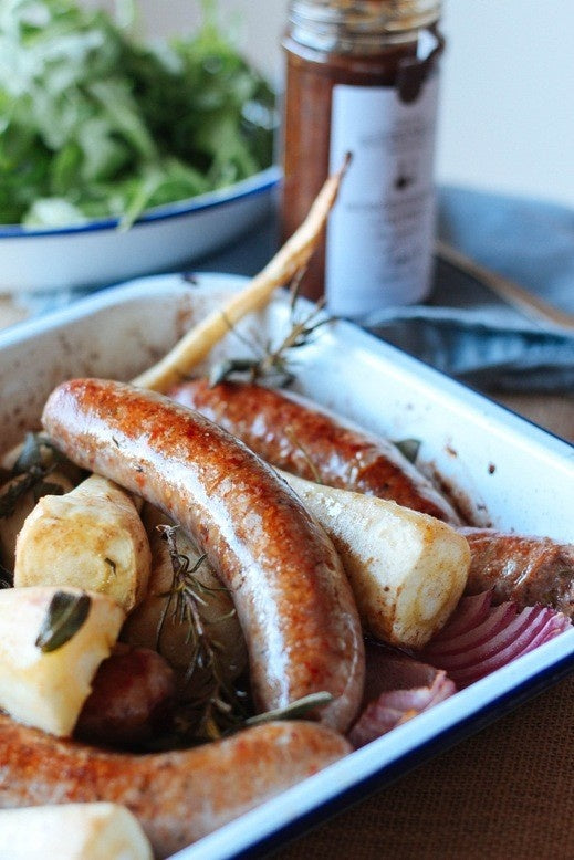 Baked Sausages with Parsnips, Onions and Worcestershire Sauce