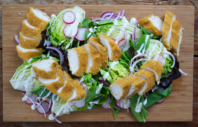 Romaine Salad with Crispy Chicken Strips