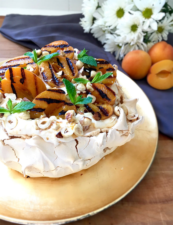 Pavlova with Grilled Apricots and Hazelnuts