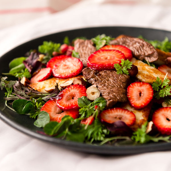 Kangaroo, Haloumi, Hazelnut, Rocket & Strawberry Salad