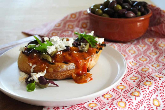 Bruschetta with Feta, Olives and New York Style Hot Dog Relish